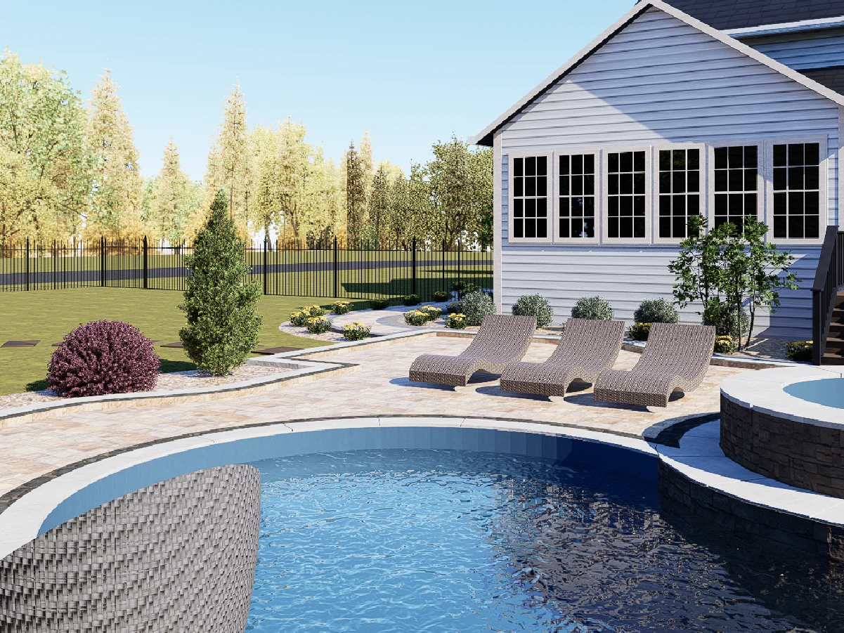 Close-up of three woven wicker sun loungers placed on a stone deck right next to a curved swimming pool.