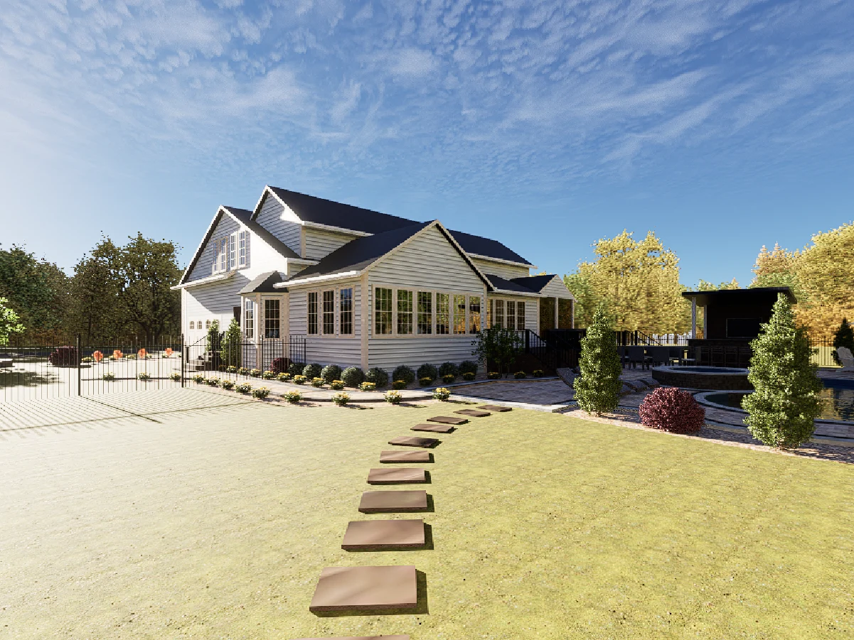 A lawn with square stepping stones leading towards a modern backyard patio with a pool and white house siding.