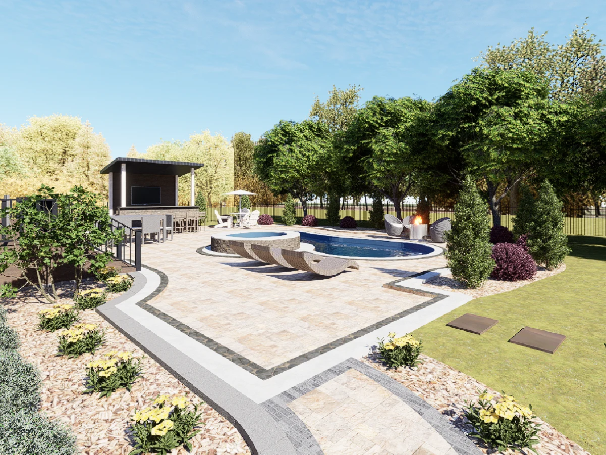 Spacious backyard featuring a custom swimming pool, hot tub, outdoor kitchen bar, and a fire pit seating area surrounded by trees.