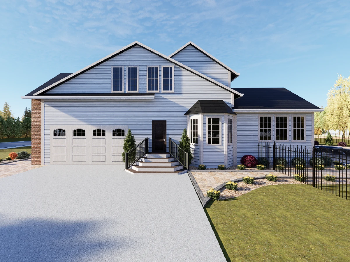 Front view of a home with white siding, an attached garage, and a raised front entrance with landscaping and a black fence.