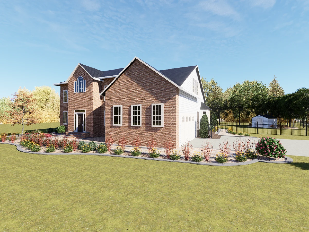 Exterior view of a large two-story house featuring a brick facade, white siding, and a landscaped front driveway.