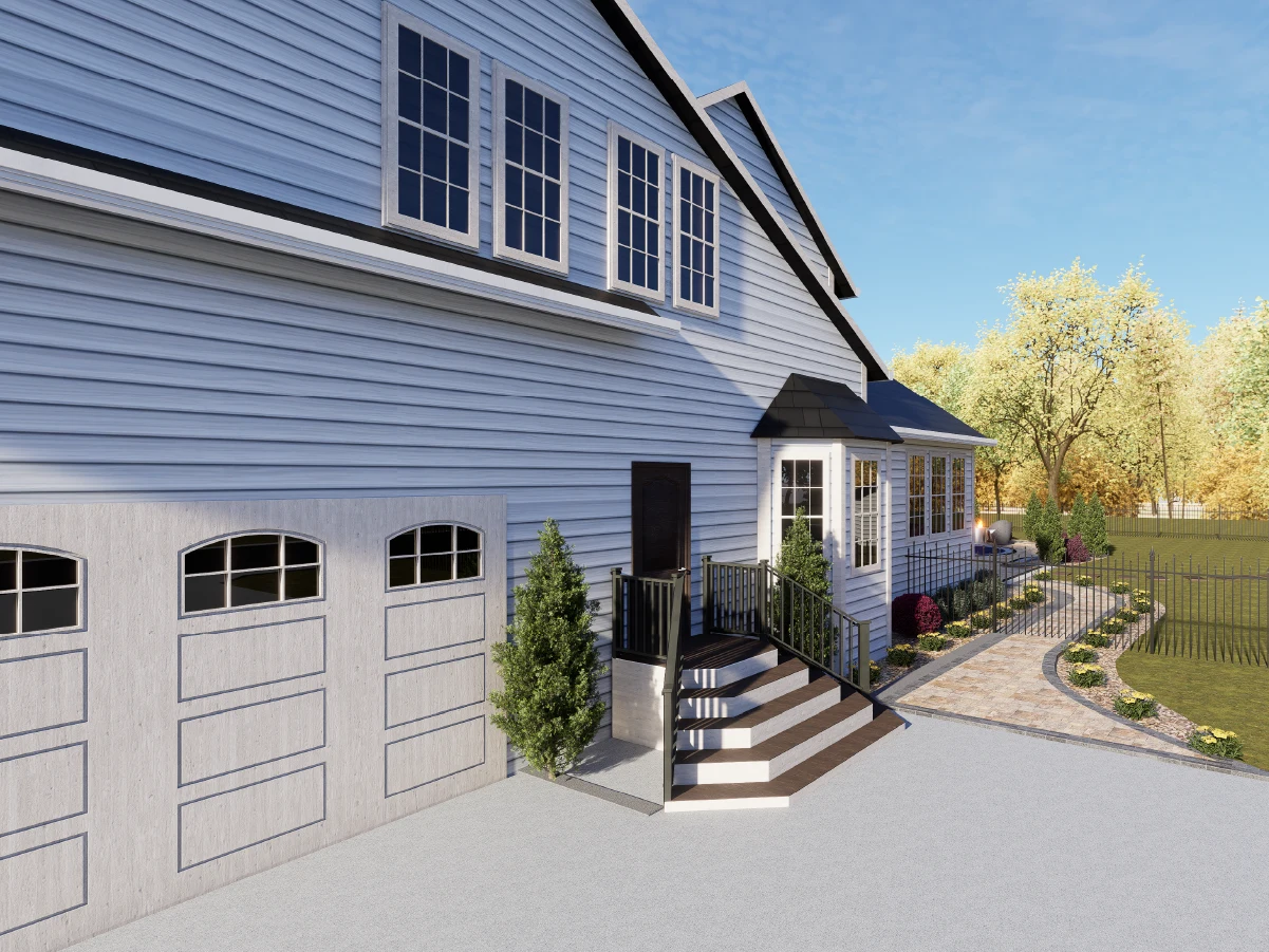 Side view of a white siding house showing a garage, a raised entryway with dark stairs, and a paved garden walkway.