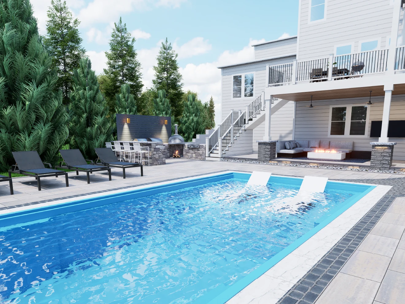 Water-level 3D render of a modern swimming pool, showing a furnished terrace, grill area, and the facade of a two-story house in the background.