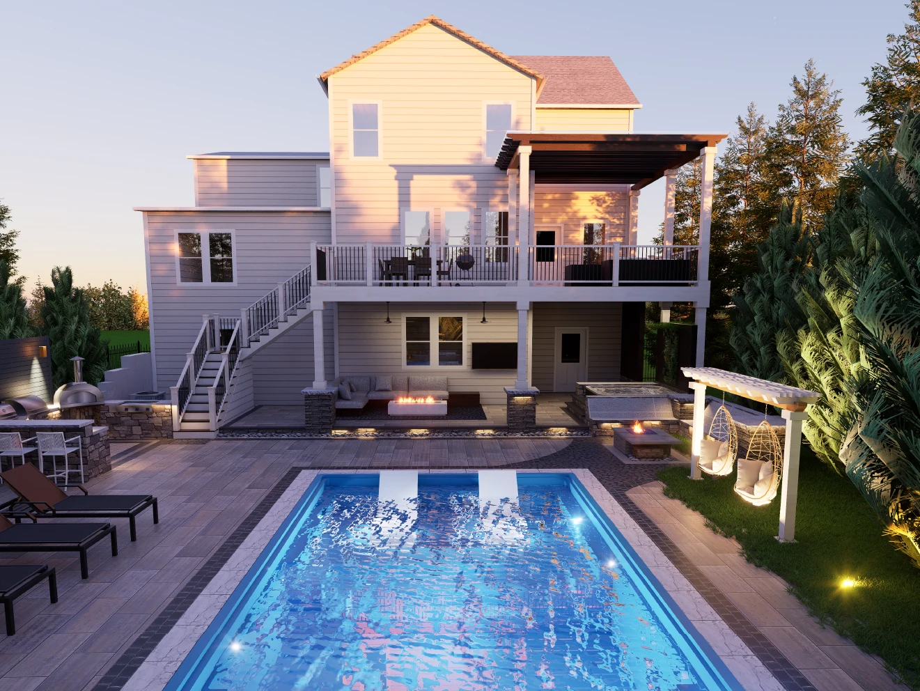 Architectural render of a house's rear facade at sunset, overlooking the illuminated pool, covered terrace, and relaxation area with hanging chairs.