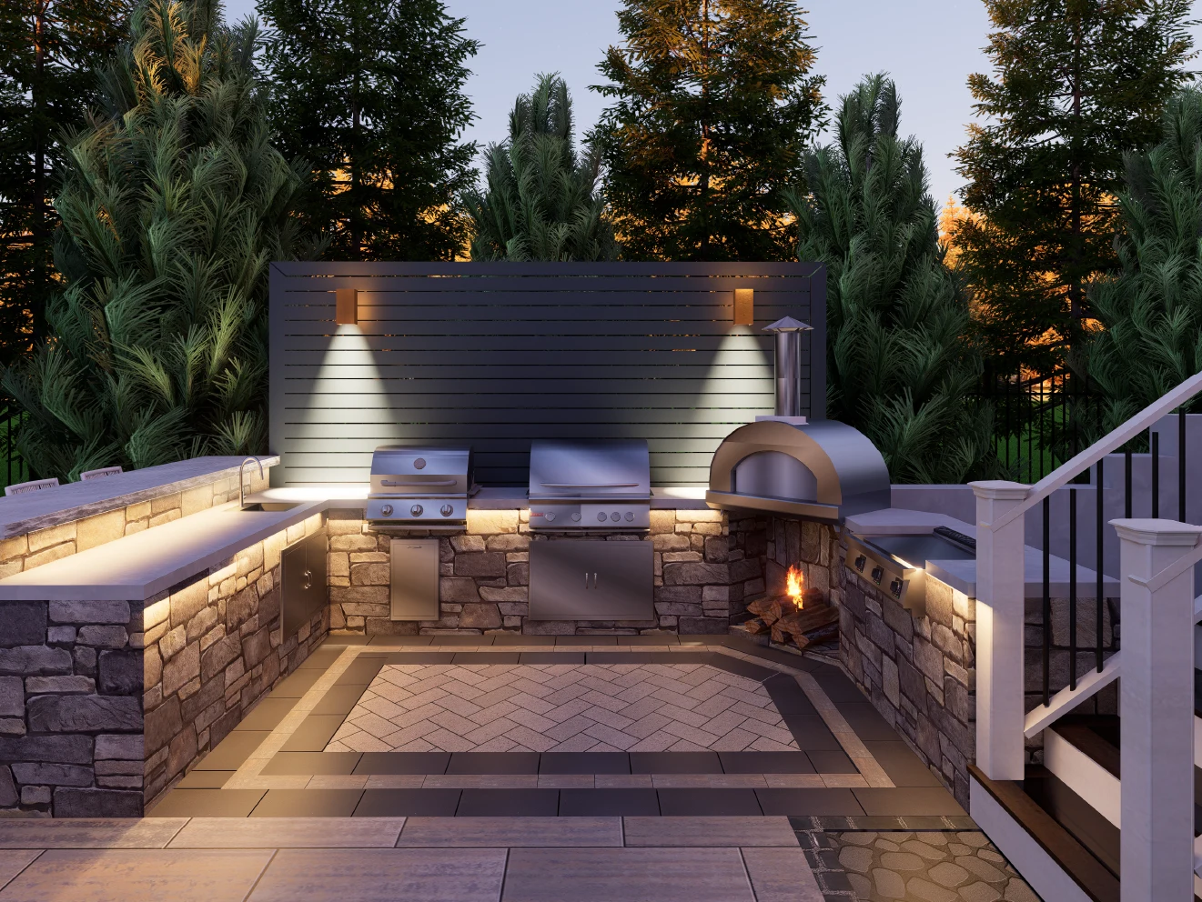 Photorealistic 3D render of a stone-clad outdoor kitchen featuring a stainless steel grill and a wood-fired oven under night lighting.
