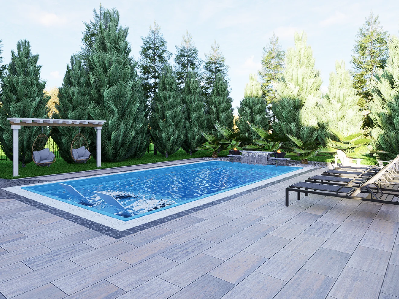 3D design of a rectangular swimming pool with in-water lounge chairs, surrounded by landscaping with pine trees, lawn, and a white pergola with hanging chairs.