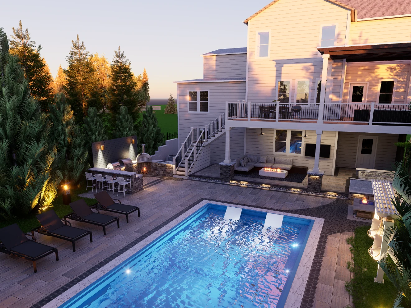 3D render of a backyard and pool during twilight, highlighting the warm lighting in the outdoor kitchen and on the stairs.