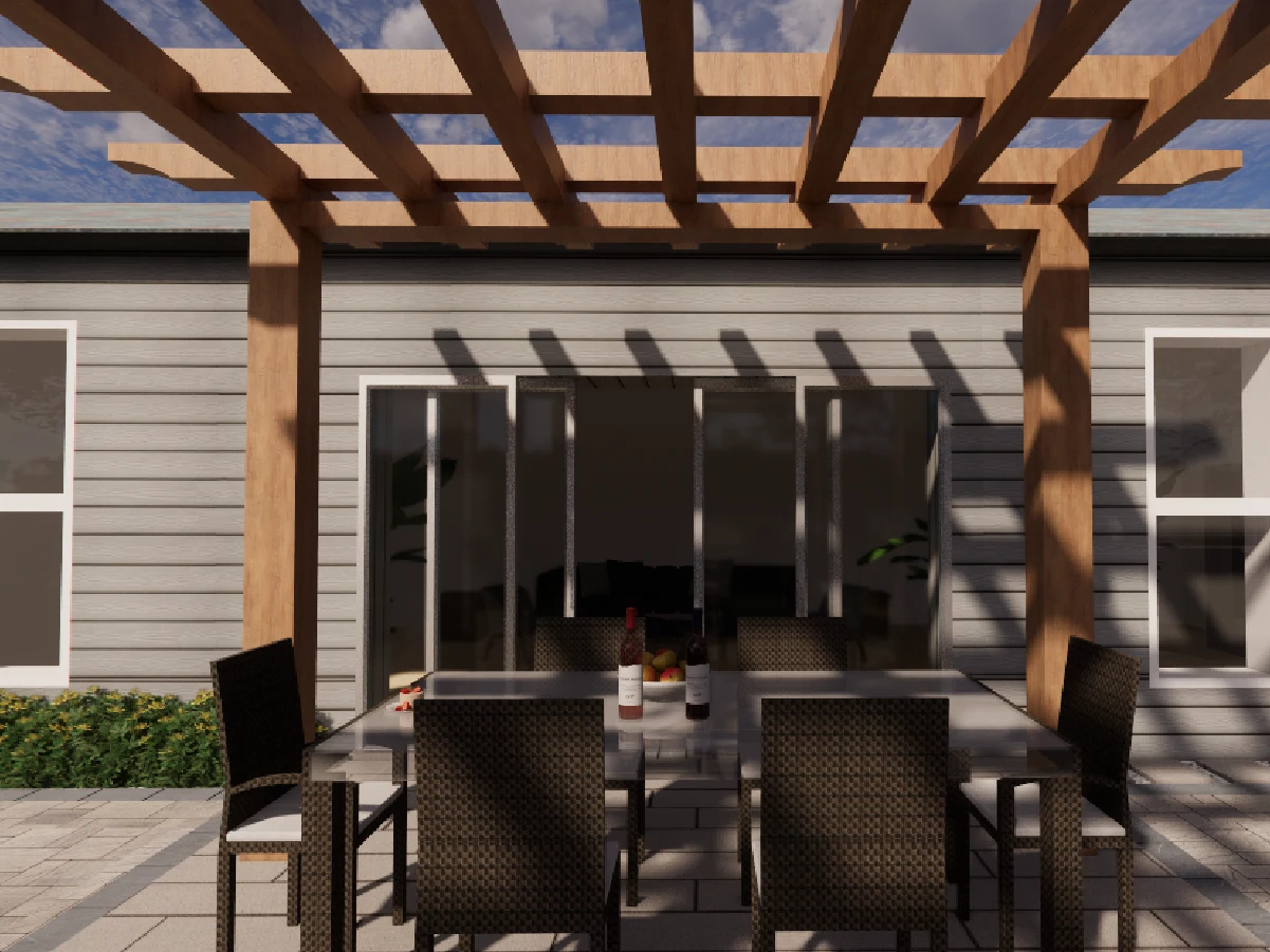 Close-up of a glass patio dining table with wine and fruit, casting natural shadows.