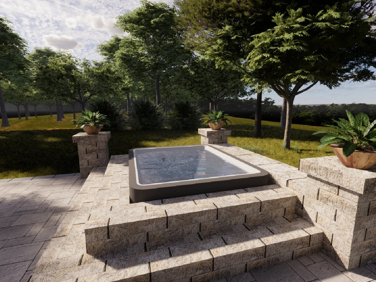 Square stone hot tub surrounded by green landscaping on an outdoor paved patio.