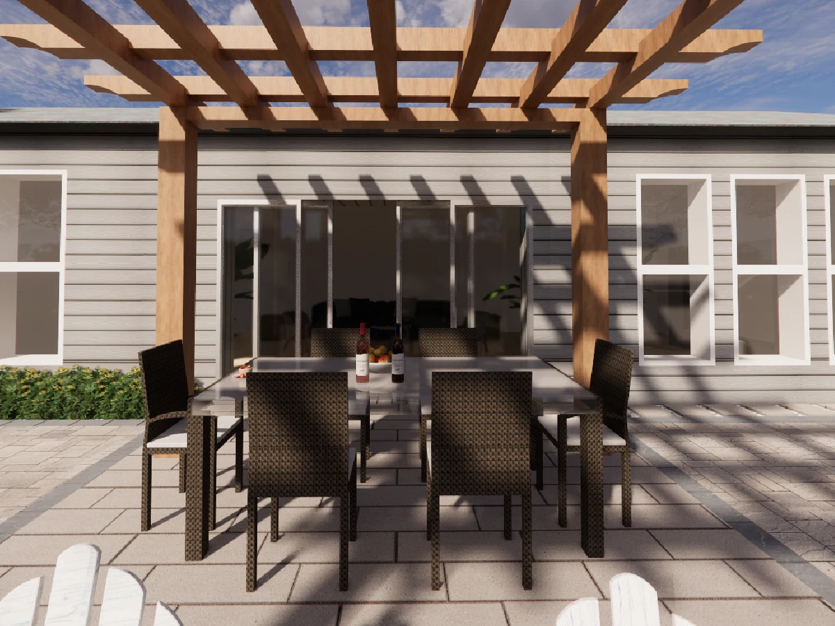 Wicker dining chairs and a glass table set with wine bottles under a wooden pergola.