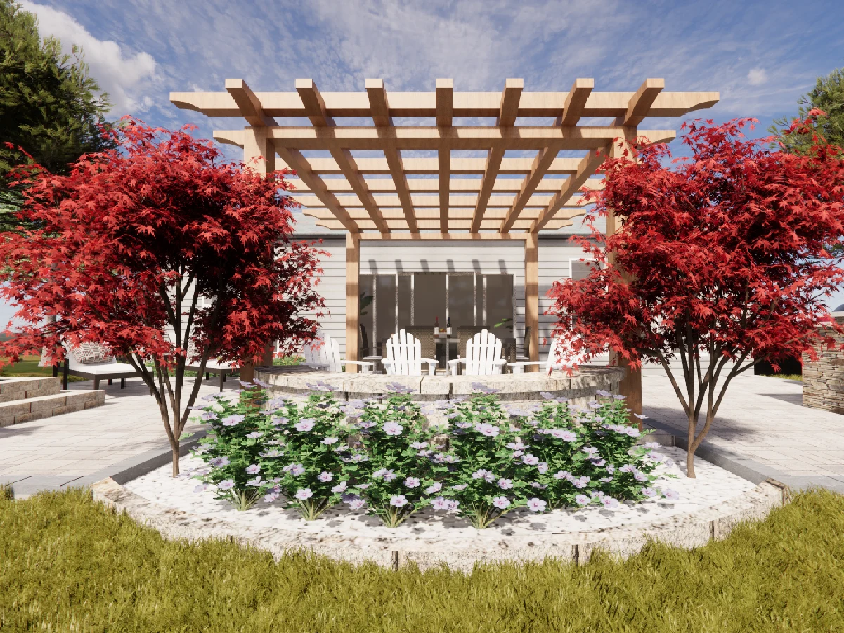 Custom wooden pergola shading a curved stone fire pit area, flanked by vibrant red trees and purple flowers.