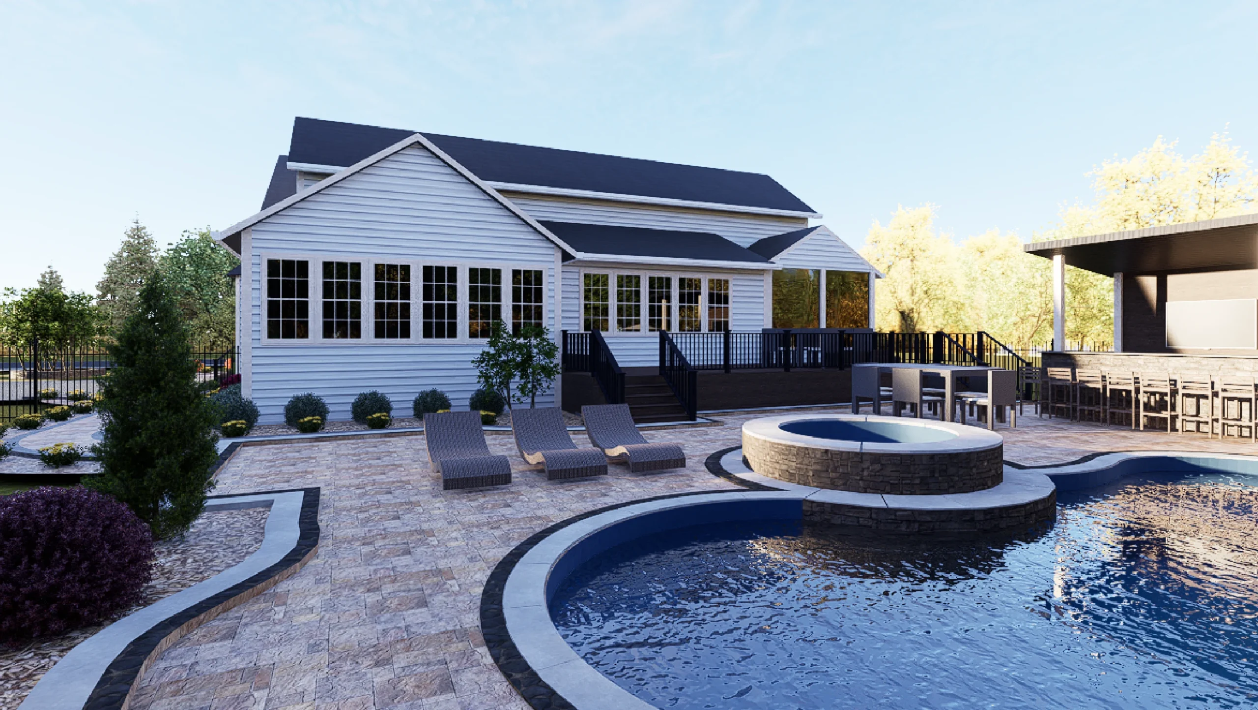 Rear view of a white house with large windows, looking out onto a stone patio with a swimming pool, raised spa, and three wicker loungers.